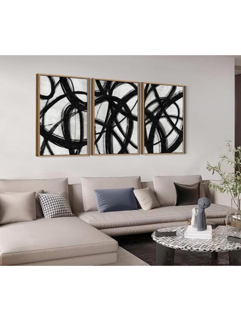 Large Abstract Black & White Canvas Wall Art Set, 16x24in, 3 Pieces Decor